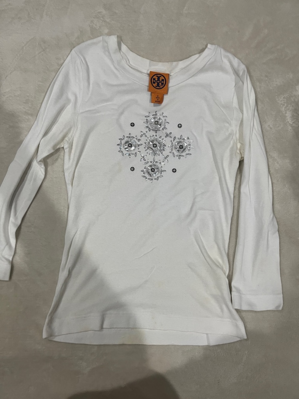 Tory Burch White Long-Sleeve Top with Center Crystal Motif